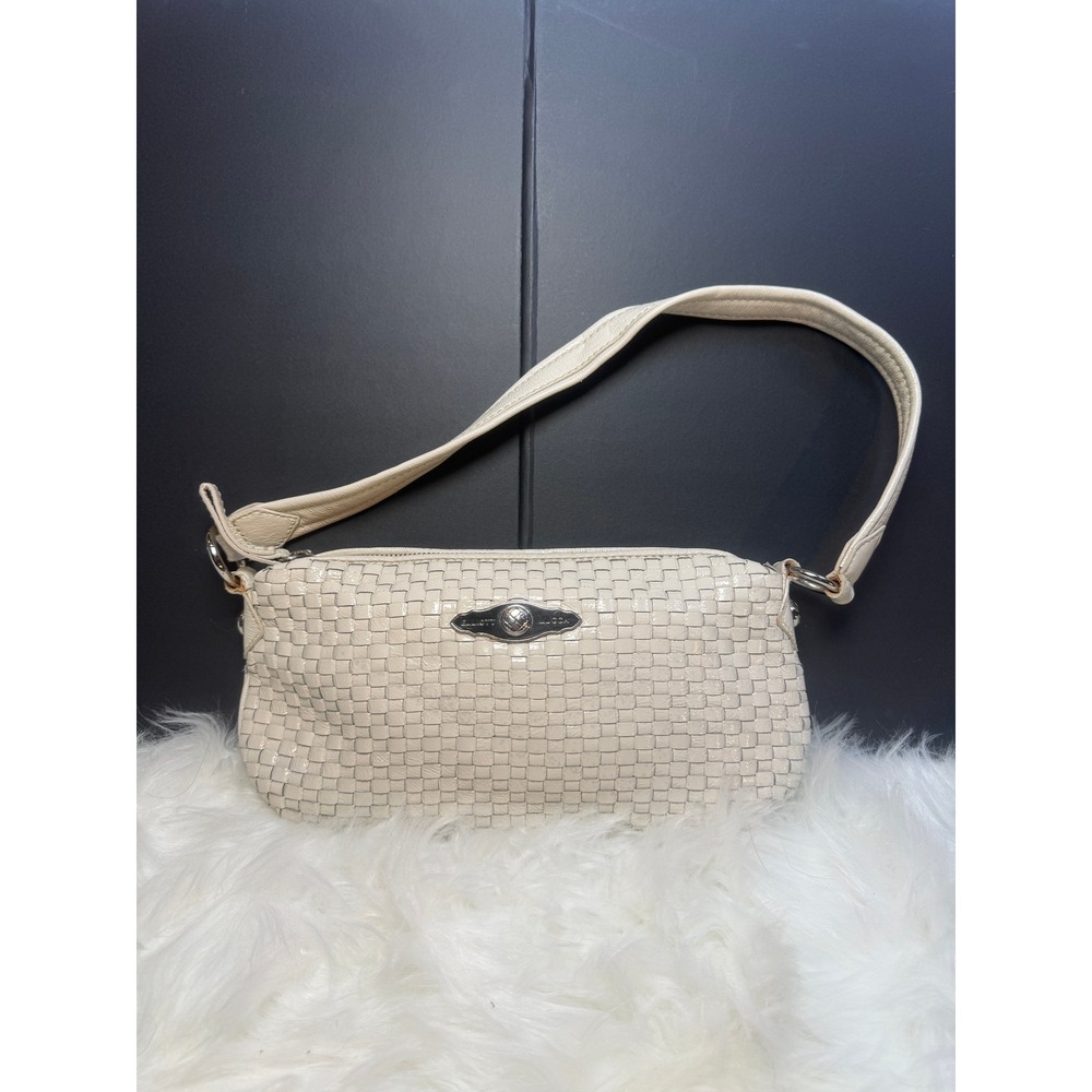 Elliott Lucca Off White Woven Leather Shoulder Bag Baguette Purse Cream
